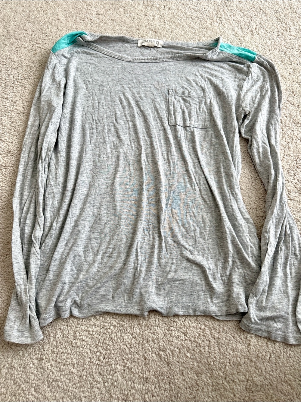 Light Gray Long Sleeve Tee with Teal Shoulder Accents